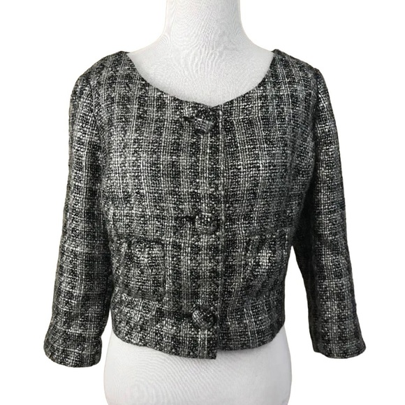 Spiegel Women's Tweed Blazer Jacket Silver Black Pattern Lined Crop SZ 6 - Picture 1 of 5